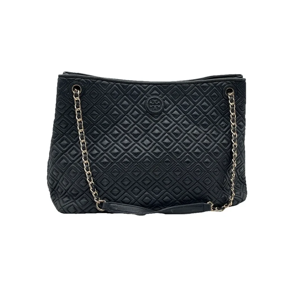 Tory Burch Marion Black Quilted Leather Tote Bag Chain Strap Large‎